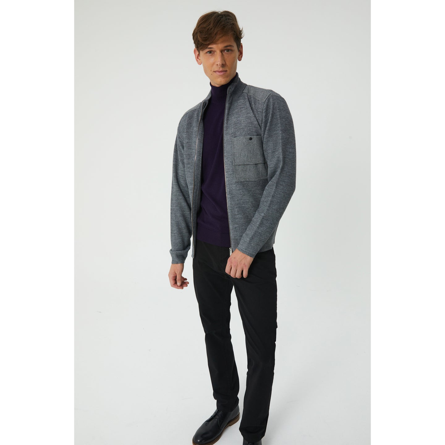 Grey Wool Blend Zip-Up Cardigan